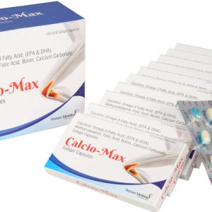 Calcio Max softgel capsules with calcitriol, omega-3, methylcobalamin, folic acid, boron, calcium carbonate.