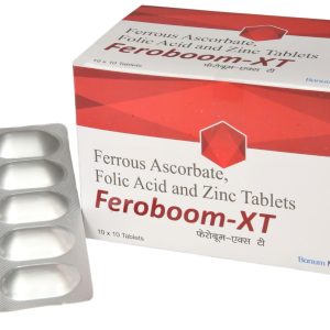 Feroboom XT iron supplement tablet packaging, iron deficiency anemia treatment with folic acid