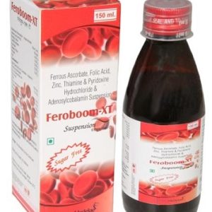Feroboom XT iron supplement syrup bottle packaging, liquid iron for anemia treatment