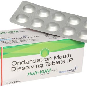 Halt VOM anti-nausea antiemetic tablet packaging, medication for vomiting and nausea relief
