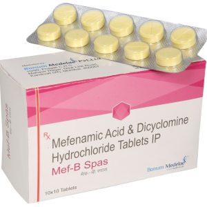 Mef Spas antispasmodic tablet packaging, medication for abdominal cramps and muscle spasms relief