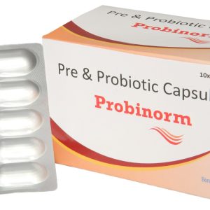 Probinorm probiotic capsule packaging, digestive health supplement with beneficial bacteria for gut health