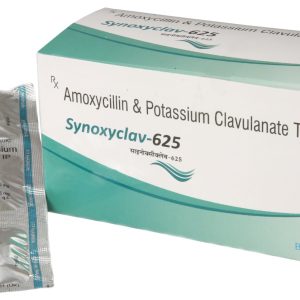 Synoxyclav 625 antibiotic medication tablet packaging, amoxicillin clavulanic acid combination drug for bacterial infections